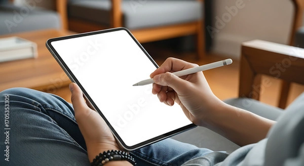 Fototapeta Woman Drawing or Writing on a Digital Tablet with Stylus - Hands-on Creativity