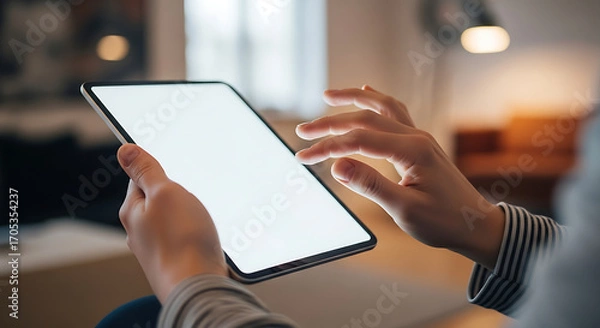 Fototapeta Close-up of a person's hands using a modern digital tablet with a blank white screen indoors