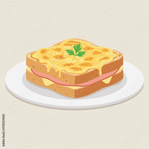 Fototapeta flat vector of Croque Monsieur is a classic French sandwich made with slices of bread, ham, and melted cheese, creamy bechamel sauce and then grilled.
