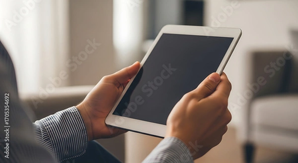 Fototapeta Person holding a tablet device with a blank screen in a softly lit room