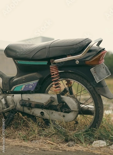 Obraz Side View of Retro Vintage Japanese Cub Motorcycle in Countryside View with Classic Warm Tone Photo