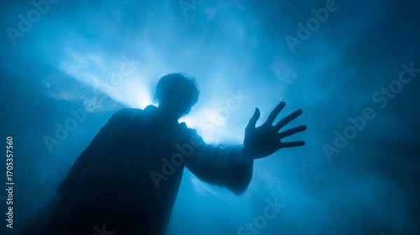 Fototapeta Shadow figure reaching upward, strong backlight casting long shadow, mysterious drama theme