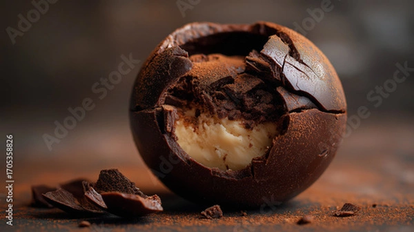 Fototapeta Shattered chocolate sphere dessert, elegant plating with sauce trails, soft ambient glow