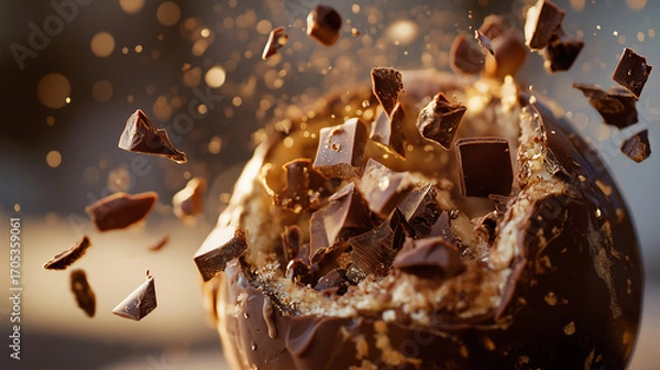 Fototapeta Shattered chocolate sphere dessert, elegant plating with sauce trails, soft ambient glow