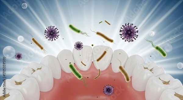 Fototapeta Oral Health - Bacteria and Viruses Attacking Teeth in a Mouth.