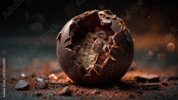 Fototapeta Shattered chocolate sphere dessert, elegant plating with sauce trails, soft ambient glow