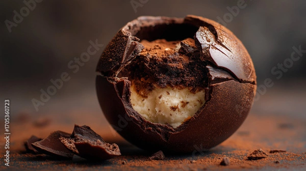 Fototapeta Shattered chocolate sphere dessert, elegant plating with sauce trails, soft ambient glow