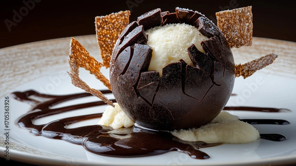 Fototapeta Shattered chocolate sphere dessert, elegant plating with sauce trails, soft ambient glow