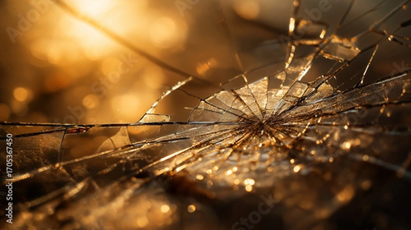Fototapeta Shattered safety glass web, close-up of fractured glass patterns, soft diffused light