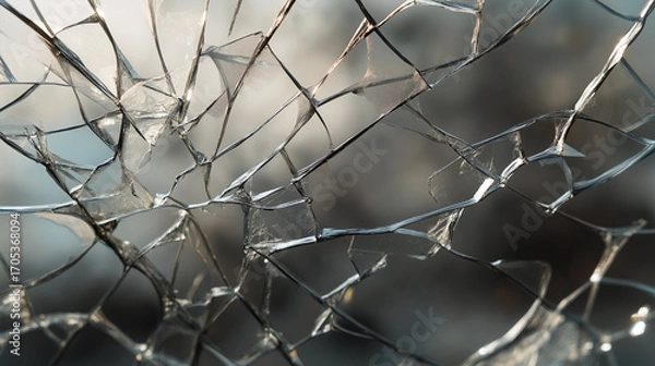 Fototapeta Shattered safety glass web, close-up of fractured glass patterns, soft diffused light