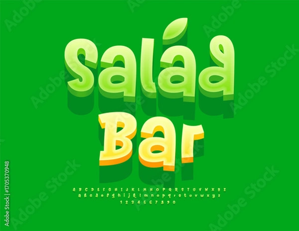 Fototapeta Vector Vegan label Salad Bar. Eco Green 3D Font. Trendy Artistic set of Alphabet Letters and Numbers