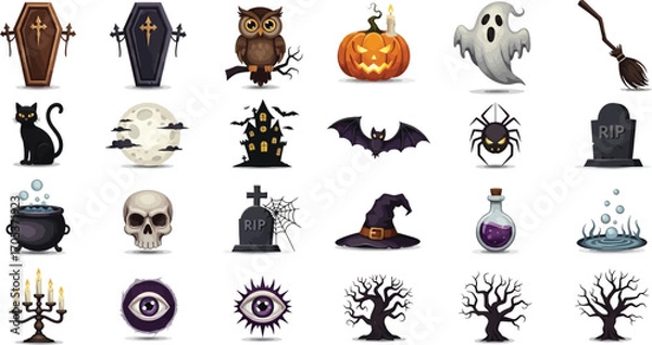 Obraz Collection of halloween icons featuring coffin, owl, pumpkin, ghost, broom, cat, moon, haunted house, and more