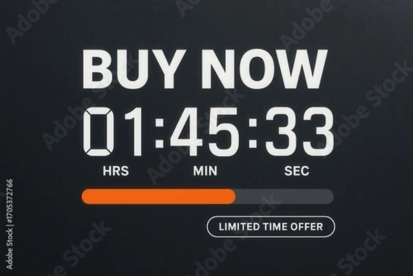 Obraz BUY NOW with 01:45:33 countdown and LIMITED TIME OFFER banner, modern digital style, compelling retail discount promotion.
