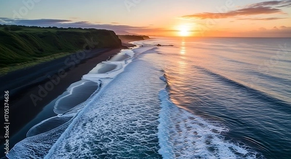 Obraz Ocean Surf Crashing On Black Sand Beach Aerial View