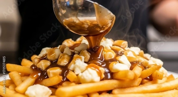 Fototapeta Preparing poutine dish with fresh fries and savory topping