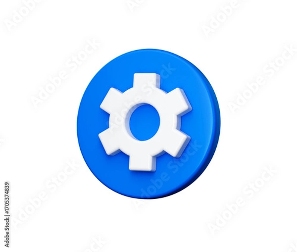 Fototapeta Vibrant 3D white gear icon on a blue circle, symbolizing settings and customization. 3D illustration