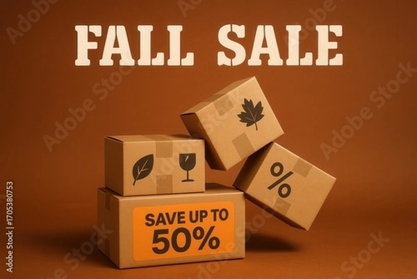 Obraz Fall sale banner featuring SAVE UP TO 50% offer on stacked boxes, modern and stylish retail discount promo.
