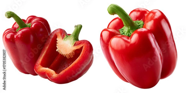 Fototapeta Set of Whole and Sliced Red Bell Peppers with Water Droplets, isolated on a transparent background.