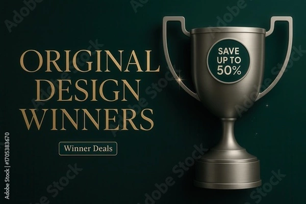 Obraz Original Design Winners with SAVE UP TO 50% discount offer, elegant style, luxurious retail promotion banner.