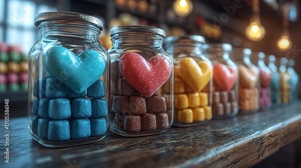 Fototapeta Colorful gumdrop jars in a shop with assorted sweets