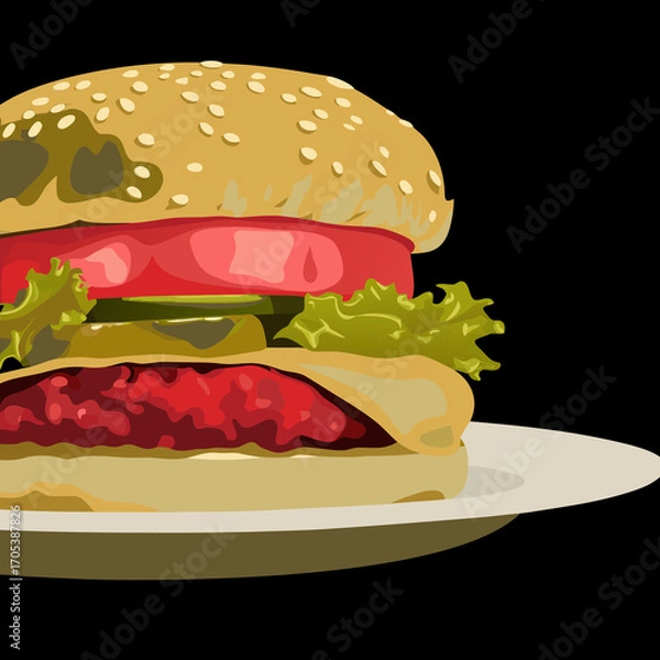 Fototapeta Classic cheeseburger with sesame bun, lettuce, tomato, and melted cheese, detailed vector drawing of delicious fast food.