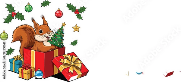 Obraz Joyful Squirrel in Holiday Gift Box with Mini Tree.