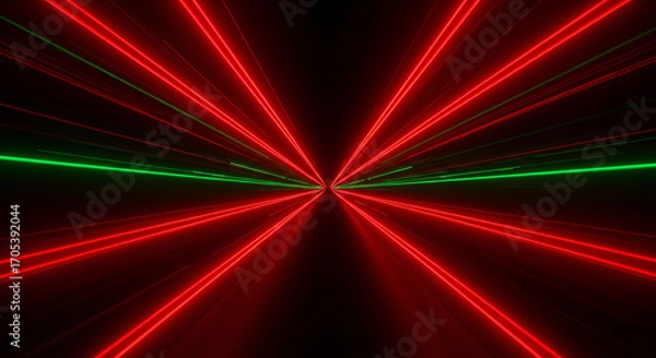 Obraz Abstract red and green laser beams converging towards a vanishing point
