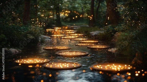 Fototapeta Illuminated path through a serene forest stream at dusk