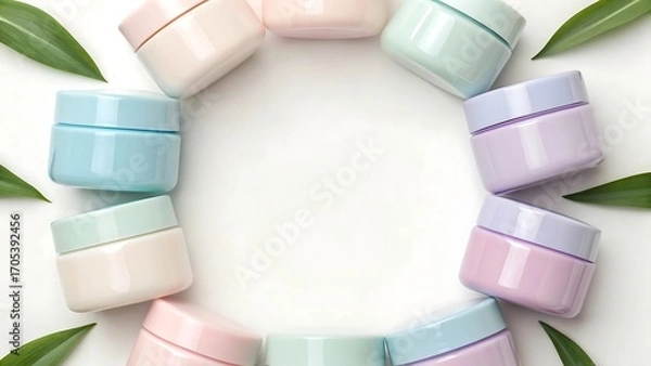 Fototapeta colorful jars arranged in circle with green leaves around