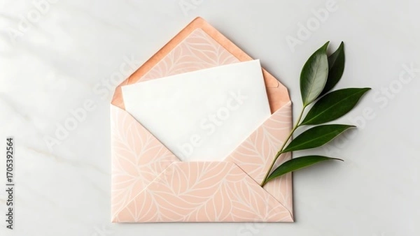 Fototapeta a peach envelope with white card and green leaves beside