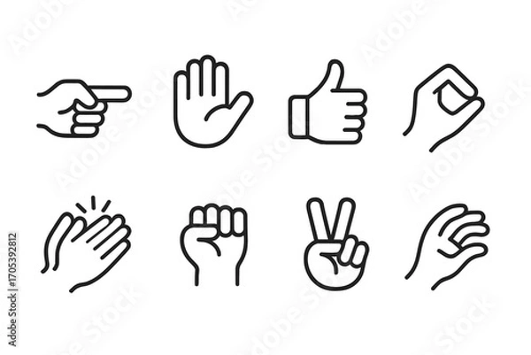 Fototapeta Hand Gesture Icons. Outline icon set of hand and finger movements: pointing finger, waving hand, thumbs up, pinch gesture,