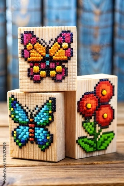 Fototapeta colorful pixel art blocks featuring butterflies and flowers
