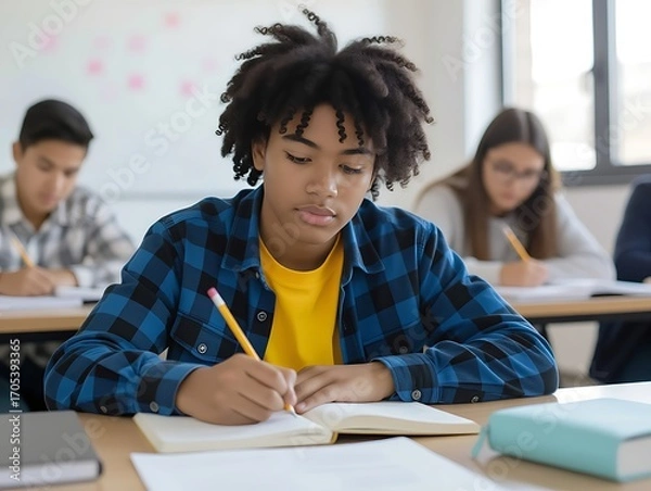 Fototapeta student diligently writing notes during classroom lesson