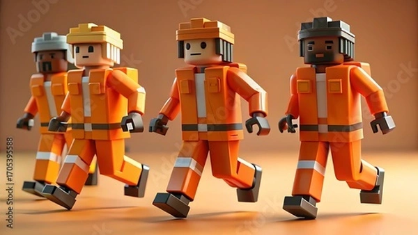 Fototapeta three toy figures in orange uniforms walking together