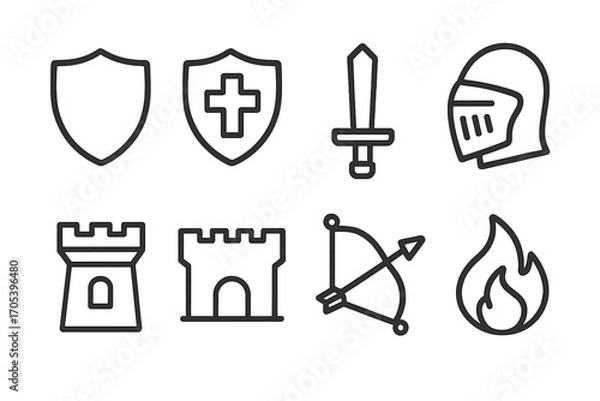 Fototapeta Territorial Defense Icons. Outline icon set of territorial defense: shield, shield with cross, sword, helmet, watchtower, fortress