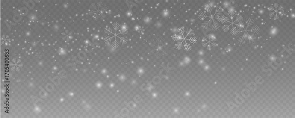 Fototapeta Falling snow overlay with beautiful, detailed snowflakes. Vector illustration for winter, Christmas, and New Year holiday backgrounds. A perfect element for seasonal and festive design projects.