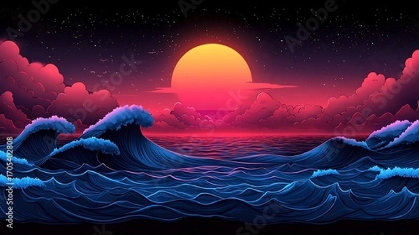 Fototapeta Sunset over a vibrant ocean, dramatic clouds, night sky.  Possible use Background image