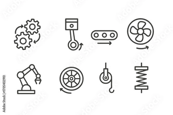 Fototapeta Mechanical Icon Set. Outline icon set of mechanical movement: gears turning, piston motion, conveyor belt, rotating fan, robotic
