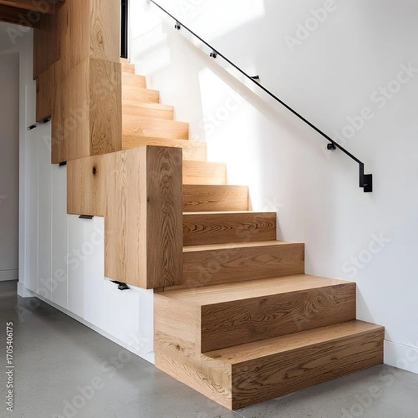 Obraz Floating Wooden Staircase with Black Metal Handrail Design