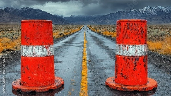 Fototapeta Roadway through scenic mountain range with traffic barriers