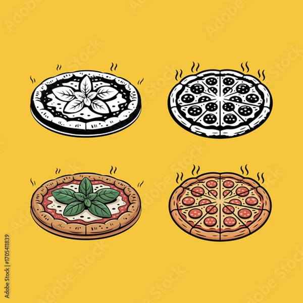 Fototapeta Whole, Sliced, and Separate Slice Pizza Icons in Flat Style on a yellow background