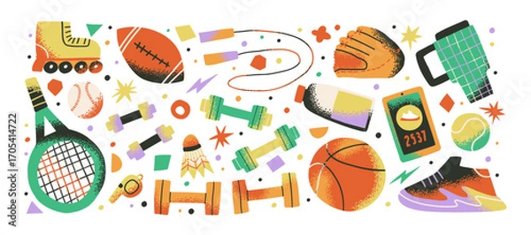 Fototapeta Sport stickers in cartoon style with tennis racket, basketball, roller skates, dumbbells, skipping rope and sneakers. Fun vector doodle set for training, fitness and games.