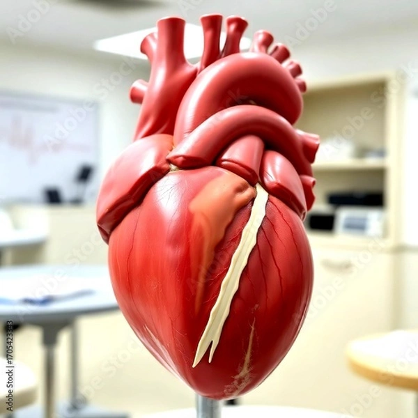 Obraz Close up of human heart anatomical model displayed in medical classroom used for healthcare education anatomy research and scientific medical training purposes