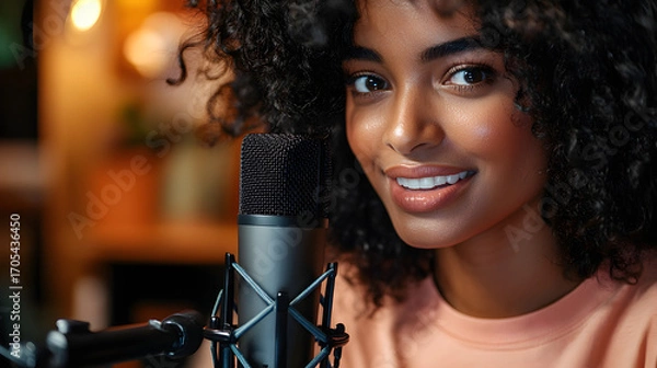 Obraz Young African American woman in peach shirt with curly hairstyle speaking into microphone close-up view representing podcast, radio broadcast, and professional voice recording communication concept