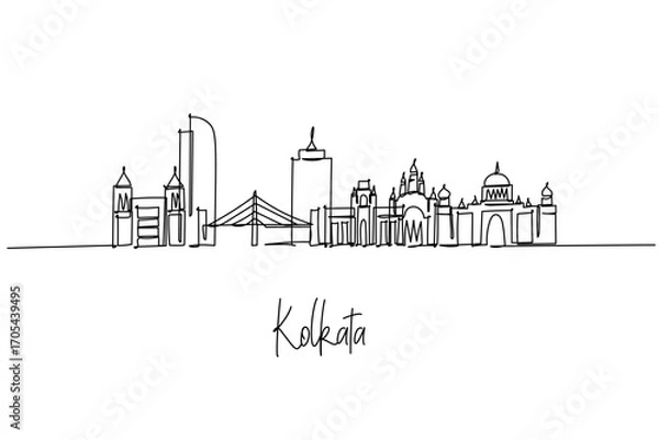 Fototapeta Kolkata city skyline created as a continuous line drawing, a city skyline concept with Bengal theme featuring Howrah Bridge, Victoria Memorial and colonial facades shaped into clean minimal outlines.