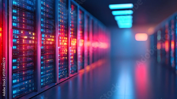 Fototapeta with futuristic data a A rows in servers illuminated advanced vibrant red lights, blue and showcasing by technology of center sleek environment. 95266074 1