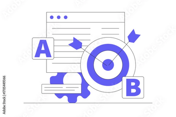 Fototapeta AB Testing. User Feedback, bug Fixing. Comparison Process. Mobile and Desktop App Development. AB testing. Comparison of separate wireframe applications A B. Flat Cartoon Vector Illustration, icon 