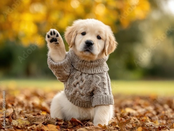 Fototapeta A cute golden retriever puppy wearing a gray knitted sweater, sitting on autumn leaves with a raised paw.