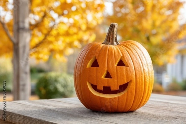 Fototapeta A friendly jack-o'-lantern carved pumpkin sits on a wooden surface with a vibrant autumn tree backdrop.