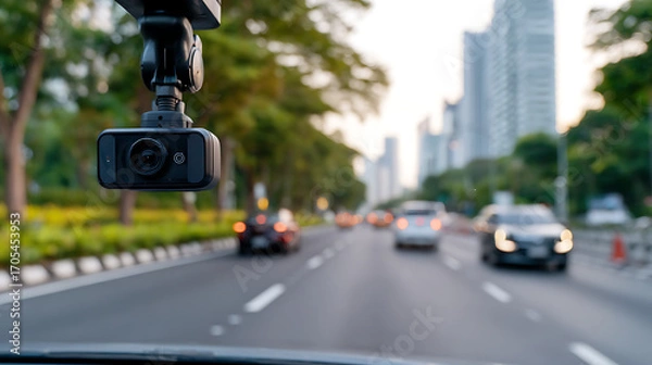 Fototapeta greenery street of a car dashcam mounted on a vehicle, capturing the scene close-up background. with A and traffic the in bustling 67893054 1